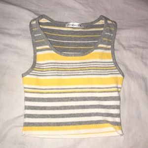 yellow , grey , and white striped crop top